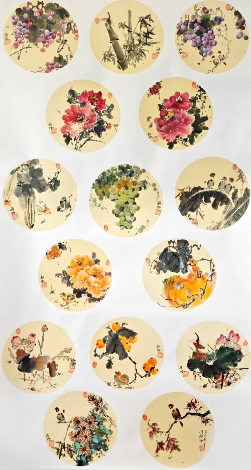 14-閆穎玲-中國石油天然氣股份有限公司-國畫-花鳥團扇集-180X95cm(外框234x105)