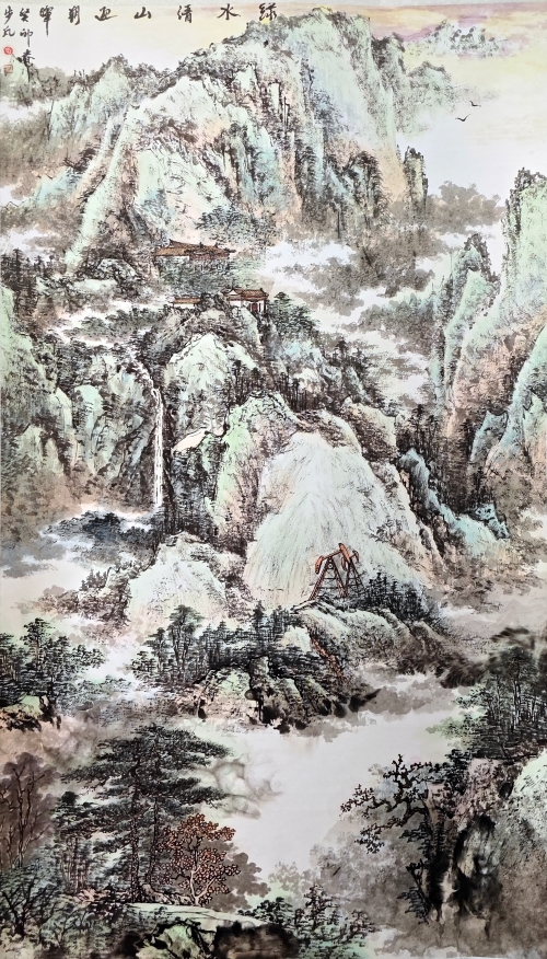 20-步凡-陜西煤業(yè)化工集團(tuán)有限責(zé)任公司-國(guó)畫-綠水青山迎朝暉-180X96cm-(外框240x105)