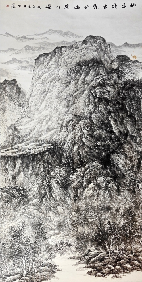 50-程雪麗-中國石油化工集團有限公司-谷幽柴門深-國畫243X122cm-外框尺寸-299X132CM