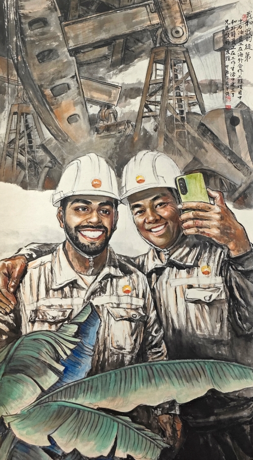 45-黃羊保-中國石油天然氣集團有限公司-我和我的徒弟-國畫-180×96cm-外框尺寸246X105cm